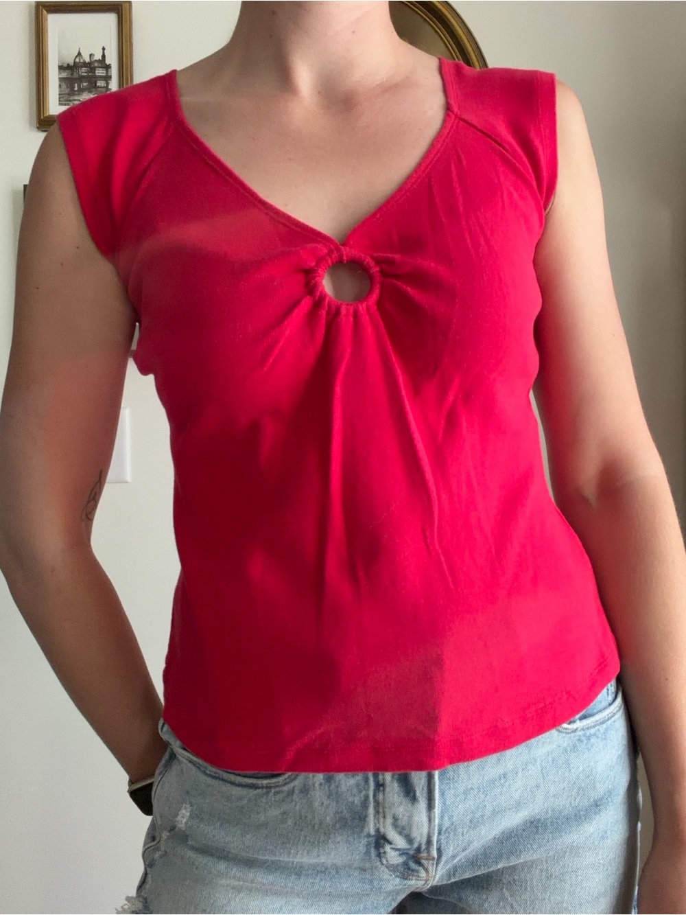 Planet Gold 90s Red Cap Sleeve Ring V-Neck Top